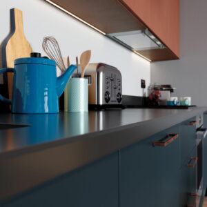 Zola Matte Marine and Ferro Copper with Rezana Light Oak_Kitchen